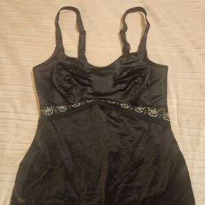 Ruby Ribbon Black Satin Chemise with Lace Accents